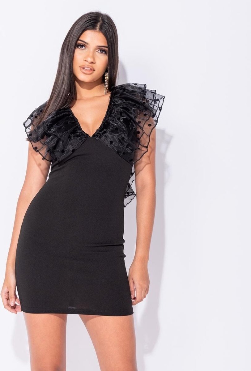 PARISIAN Polka Dot Sheer Ruffle Sleeve V Neck Bodycon Mini Dress - Dames - Zwart
