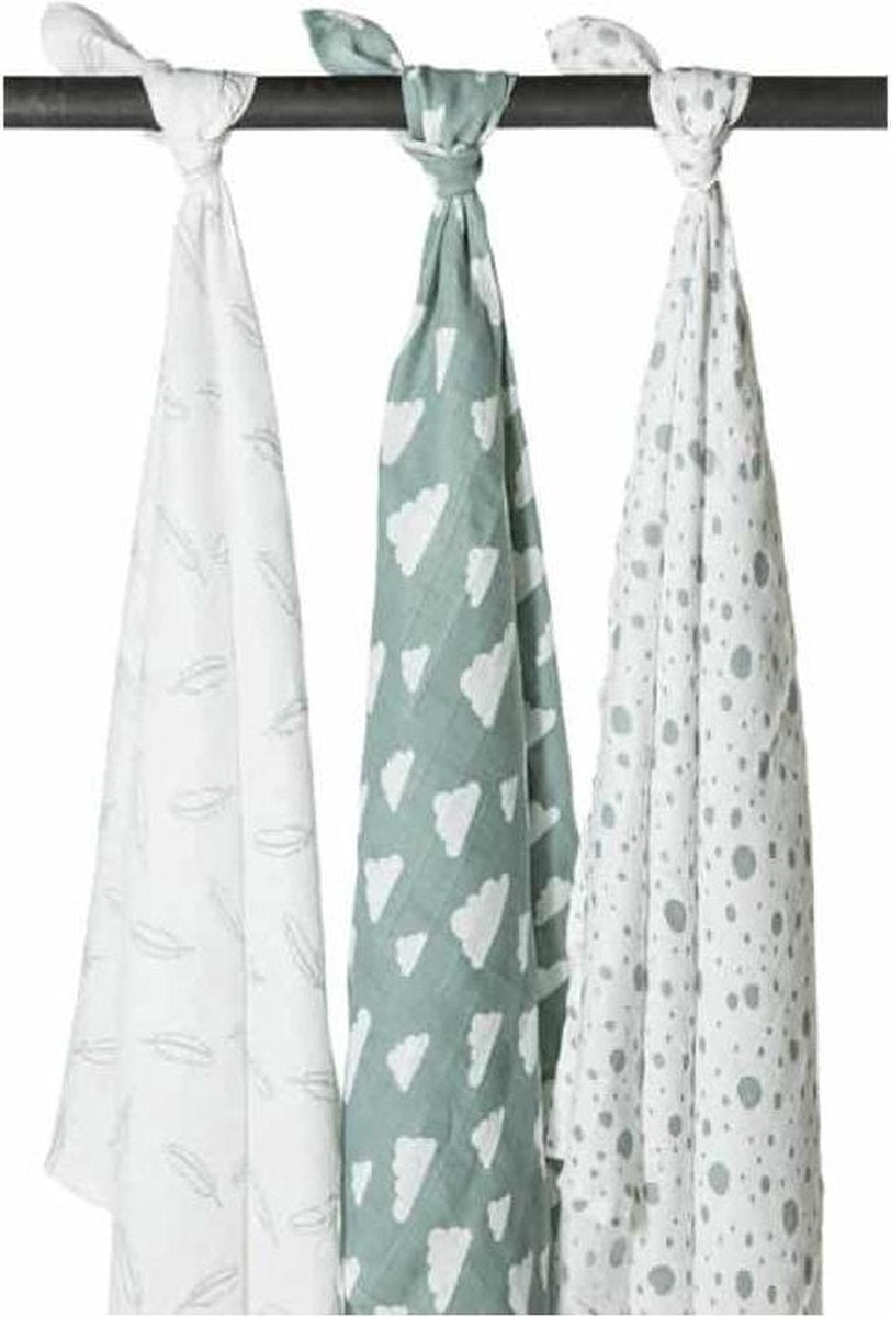 Meyco 3-pack hydrofiele swaddles - Feathers-Clouds-Dots stone green/wit - 120 x 120 cm