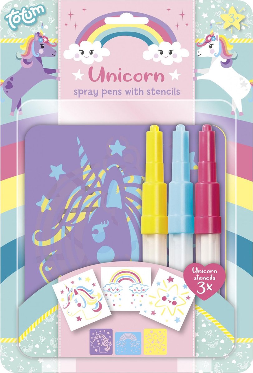 Totum Unicorn spraypens - 3 blaaspennen - sjablonen en 3 kleuren spray pens voor airbrush effect