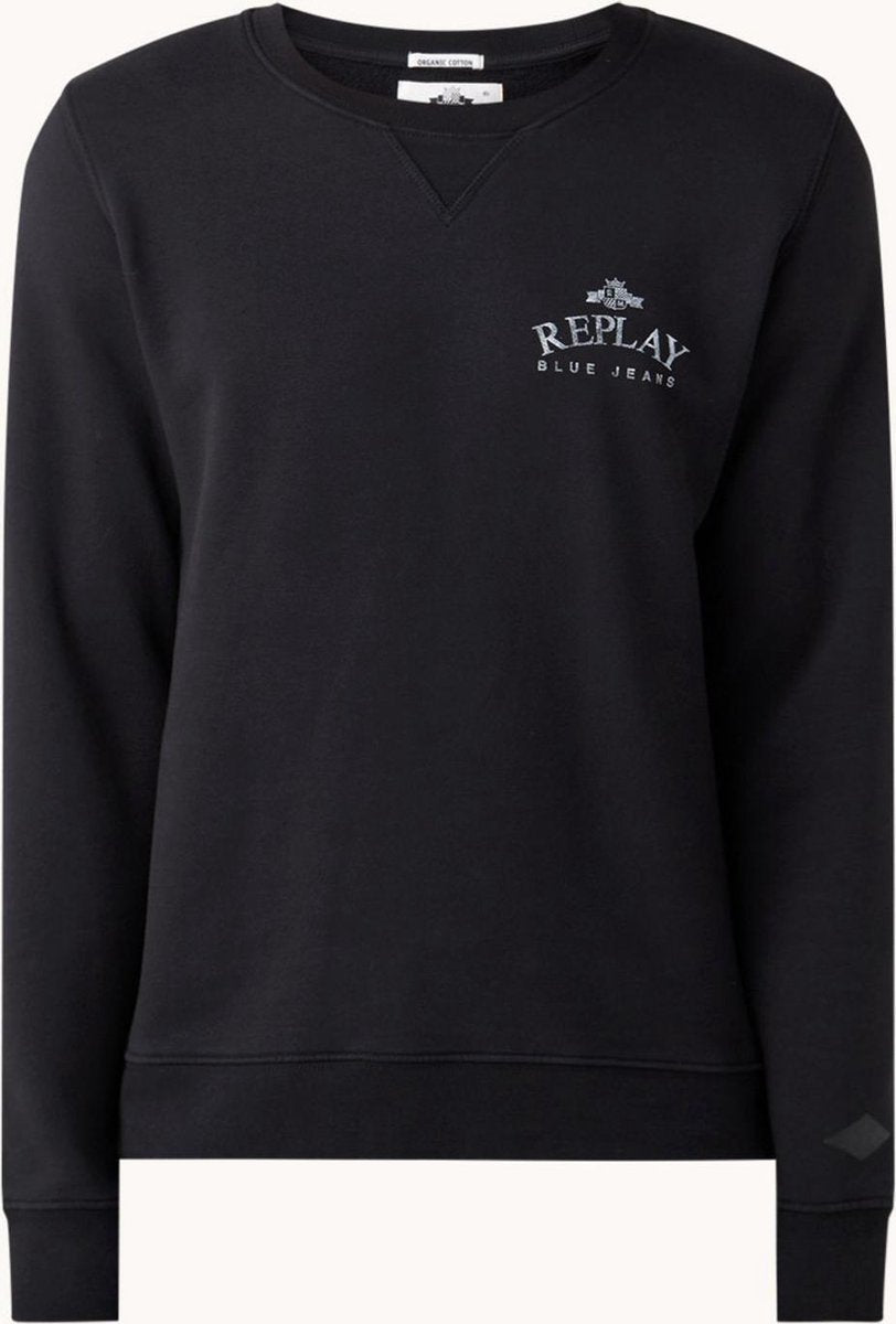 Replay  Sweater - Fleece gevoerde -met ronde hals en logo - Zwart - Maat S