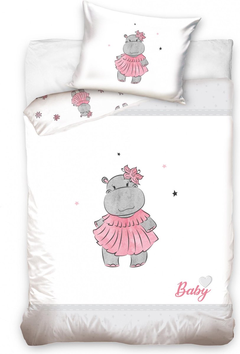 Nijlpaard - Baby Dekbedovertrek - 100 x 135 cm - Wit