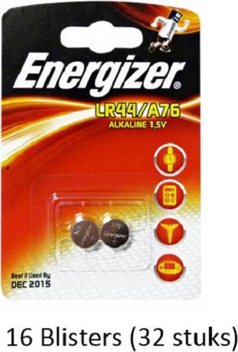 32 stuks (16 blisters a 2 stuks) Energizer Alkaline knoopcel LR44/A76 1.5V