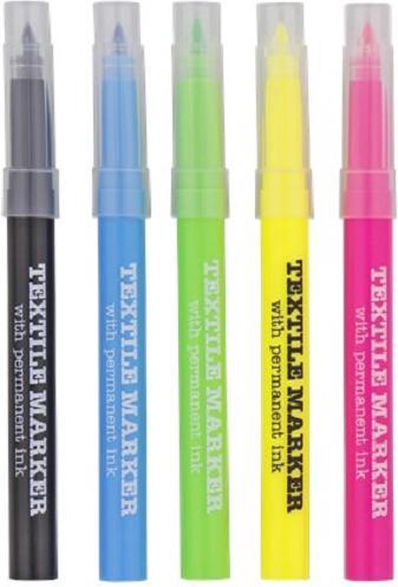 Textiel stiften Neon / textiel markers Neon - 5 stuks - Zwart Geel Roze Groen Blauw