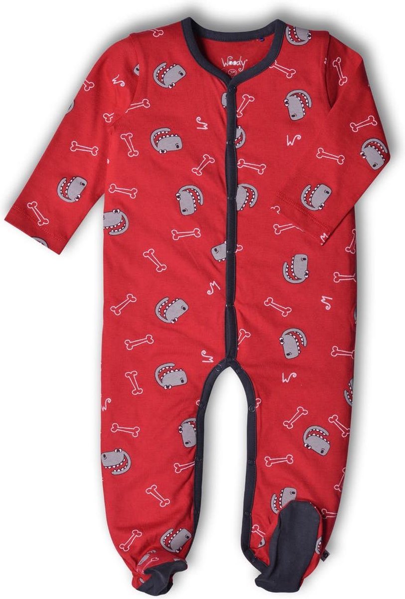 Woody - Unisex Pyjama - Romper - 182-3-RBU-S/922 - Rood T-rex all-over print - Maat 56