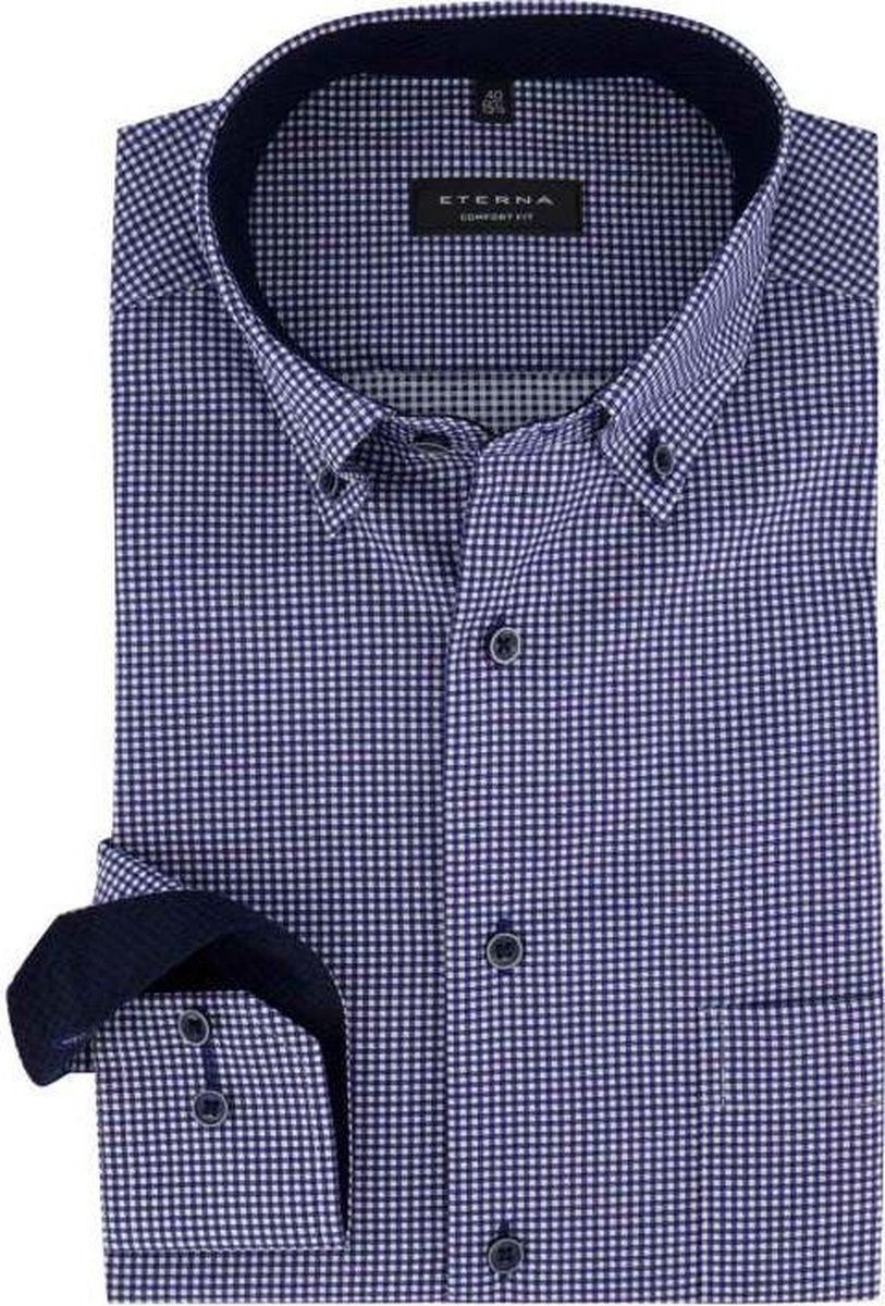 ETERNA comfort fit overhemd - twill heren overhemd - donkerblauw met wit geruit (contrast) - Strijkvrij - Boordmaat: 47
