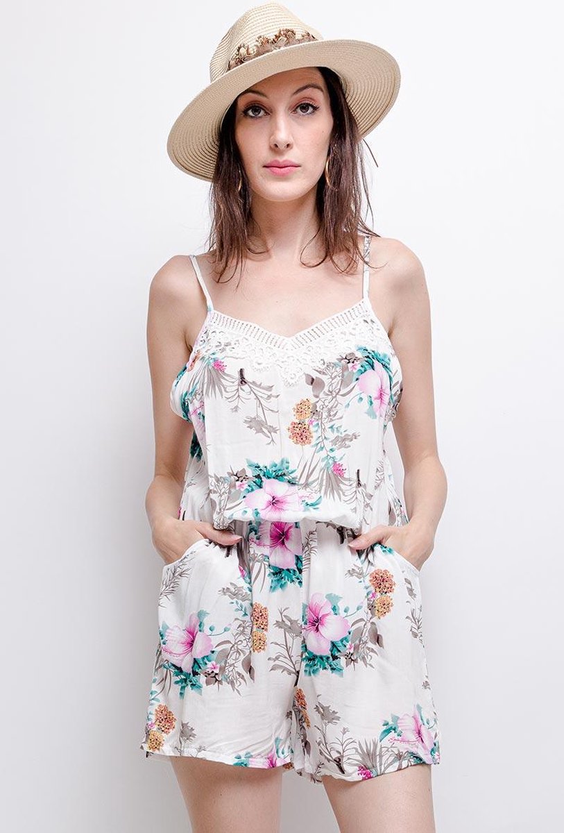 Dames Jumpsuit | playsuit | bloemen-print |spaghettibandjes | Elastiek taille |L-XL | Wit
