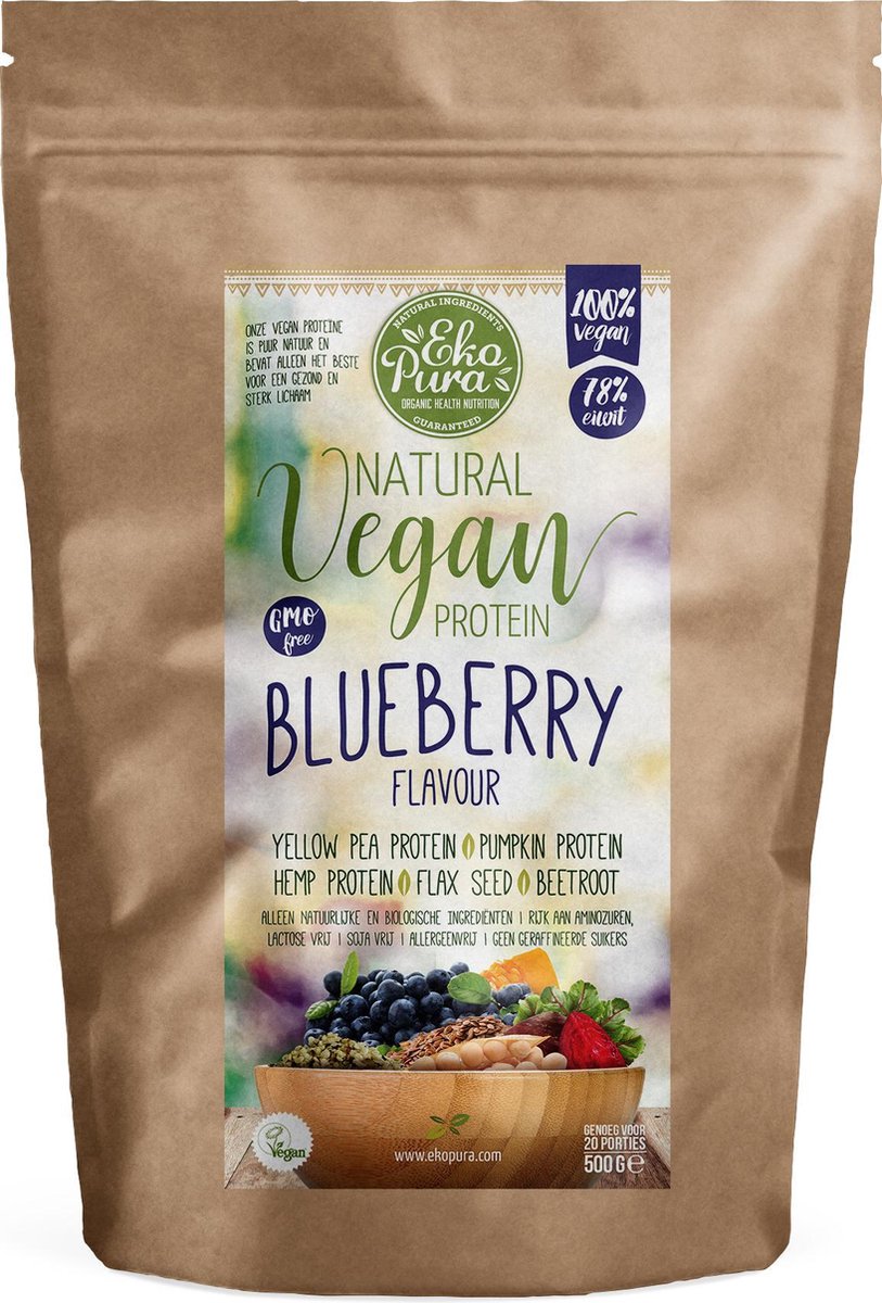 Ekopura Natural Vegan Protein - Blueberry (Bio & Plantaardig Eiwitpoeder) 500g
