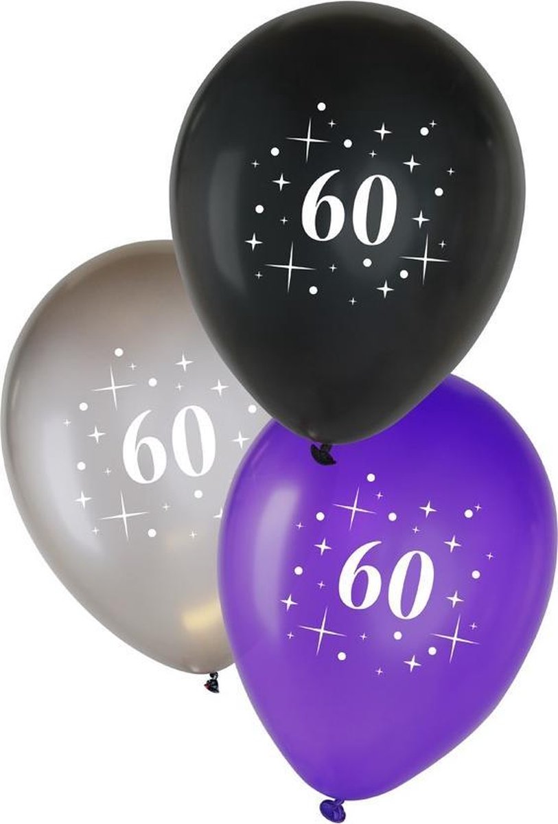 Metallic ballonnen 60 jaar Zwart/ Zilver/ Paars