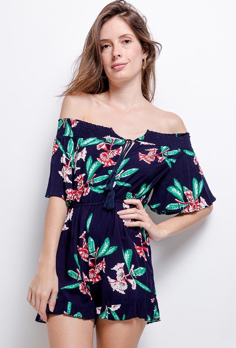 Dames tropical Jumpsuit | playsuit | print |open schouders | Elastiek taille |L-XL | Zwart