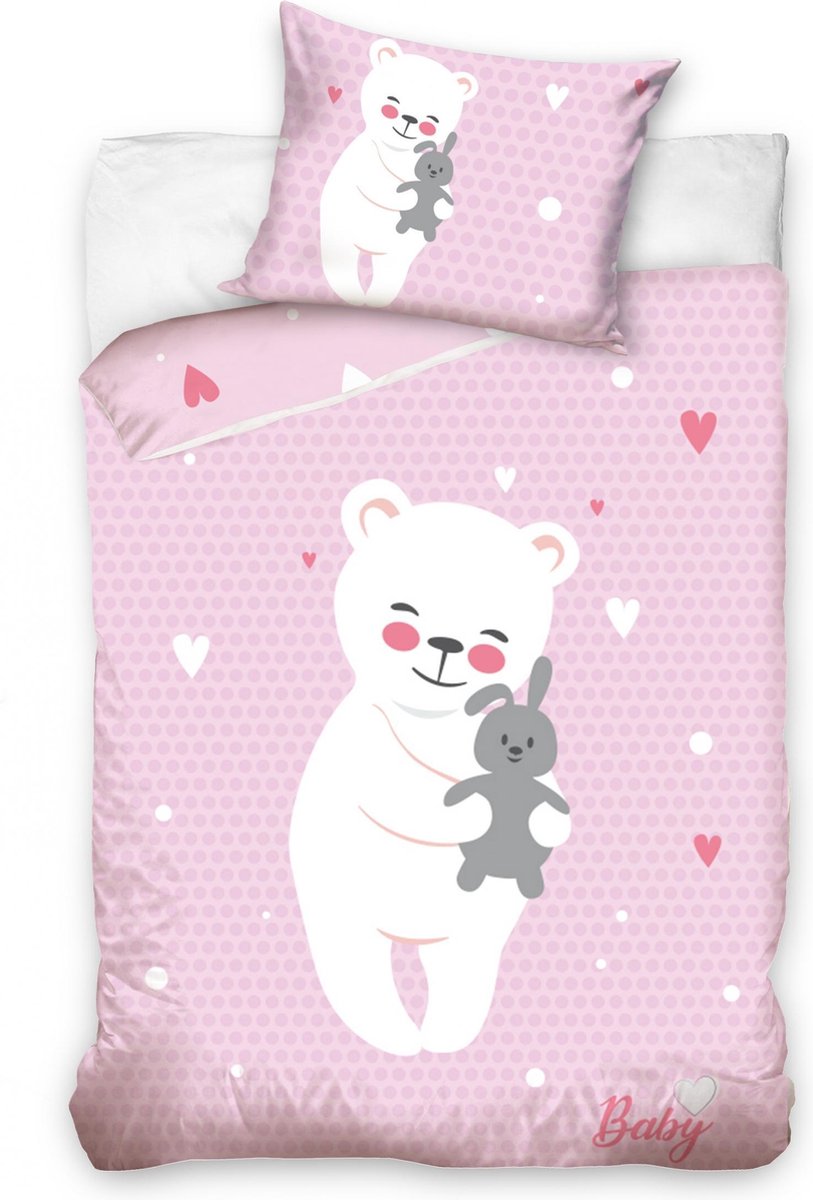 Baby Beer Knuffel Dekbedovertrek - Ledikant - 100x135 cm - Roze/Wit