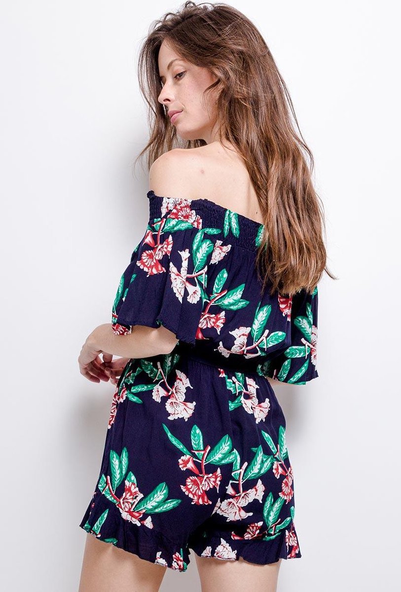 Dames tropical Jumpsuit | playsuit | print |open schouders | Elastiek taille |L-XL | Wit