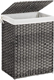 XL Luxe Opvouwbare Rotan Wasmand Met Deksel - Wasgoed Mand - Wasbox Inclusief Stevige Uitneembare Katoenen Waszak Met Handvatten - Laundry Basket Met Hengsel - 90 Liter - Grijs