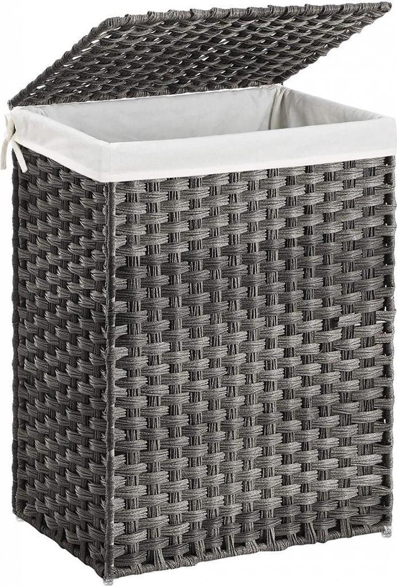 XL Luxe Opvouwbare Rotan Wasmand Met Deksel - Wasgoed Mand - Wasbox Inclusief Stevige Uitneembare Katoenen Waszak Met Handvatten - Laundry Basket Met Hengsel - 90 Liter - Grijs