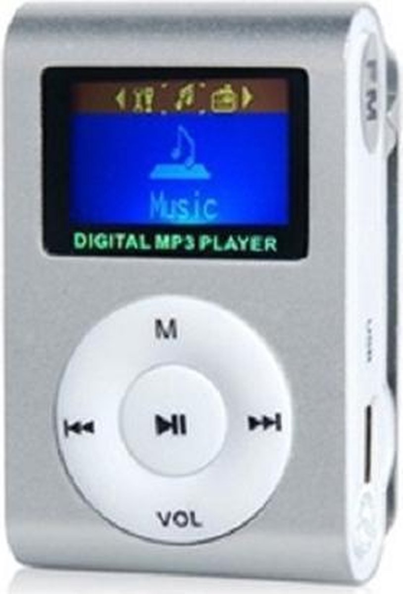 Mini clip MP3 speler FM radio met display Zilver en in-ear koptelefoon