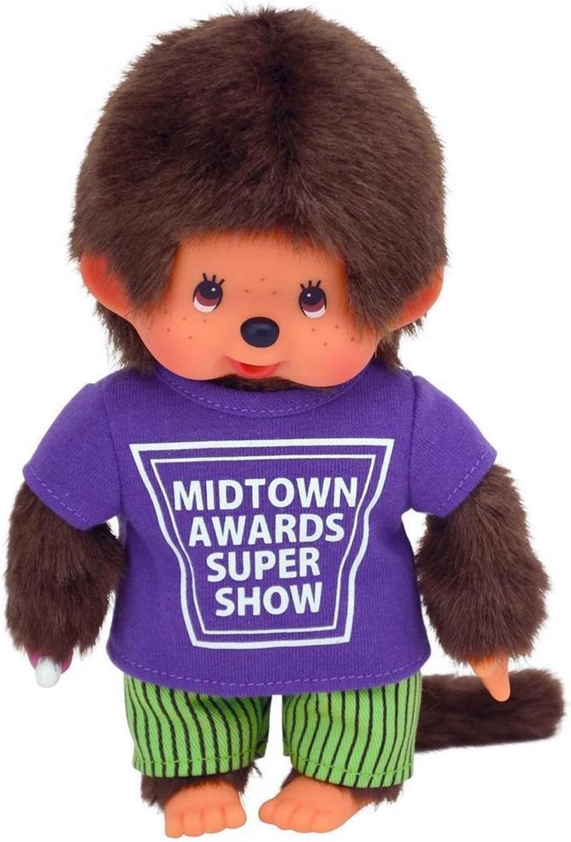 Monchichi 20 cm Jongen Paars T-Shirt en Groen Gestreepte Broek