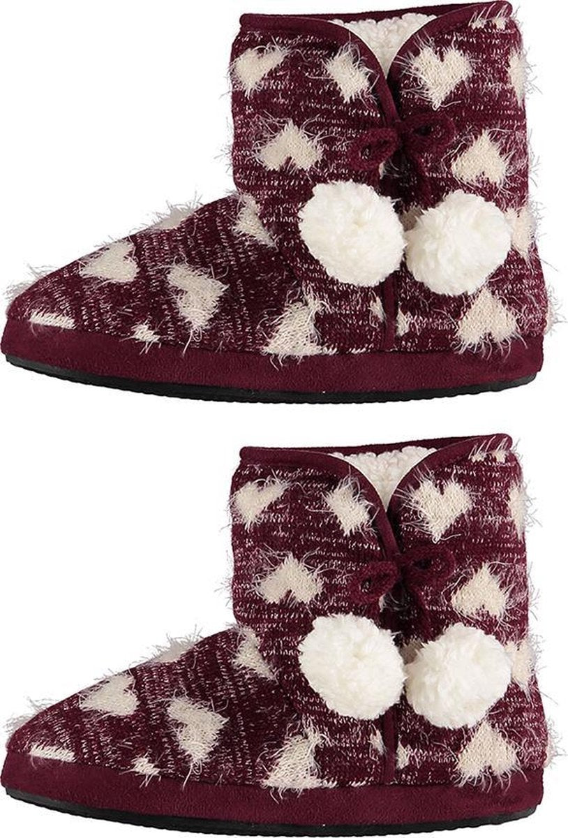 Pantoffels dames - Sloffen - Pantoffels - Sloffen dames - Hoog - Patroon - Hartjes - Bordeaux rood - Maat 39/40