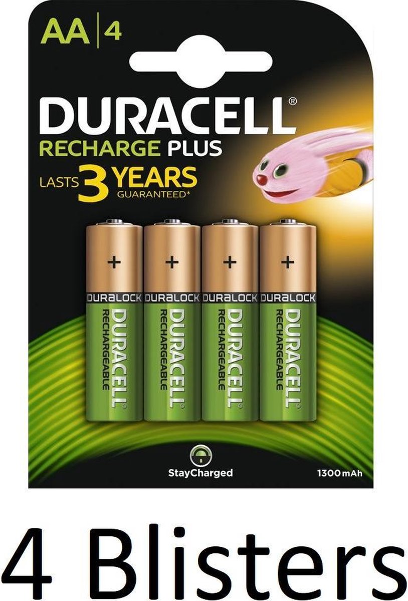 16 Stuks (4 Blisters a 4 st) Duracell AA Oplaadbare Batterijen - 1.300 mAh