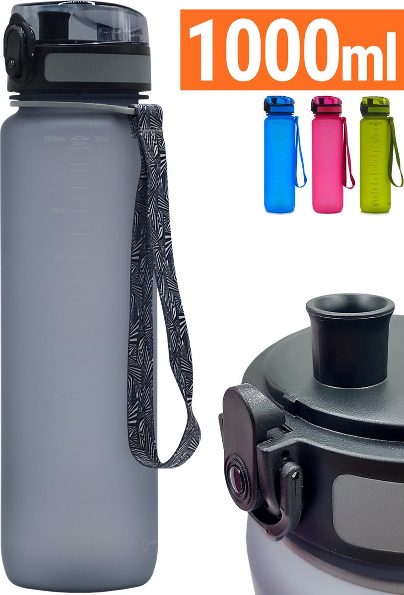 Drinkfles 1 Liter - Sport Drinkbus 1000 ml Bidon Grijs - King Mungo KMDF010