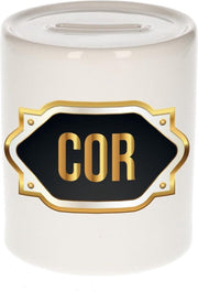 Cor naam cadeau spaarpot met gouden embleem - kado verjaardag/ vaderdag/ pensioen/ geslaagd/ bedankt