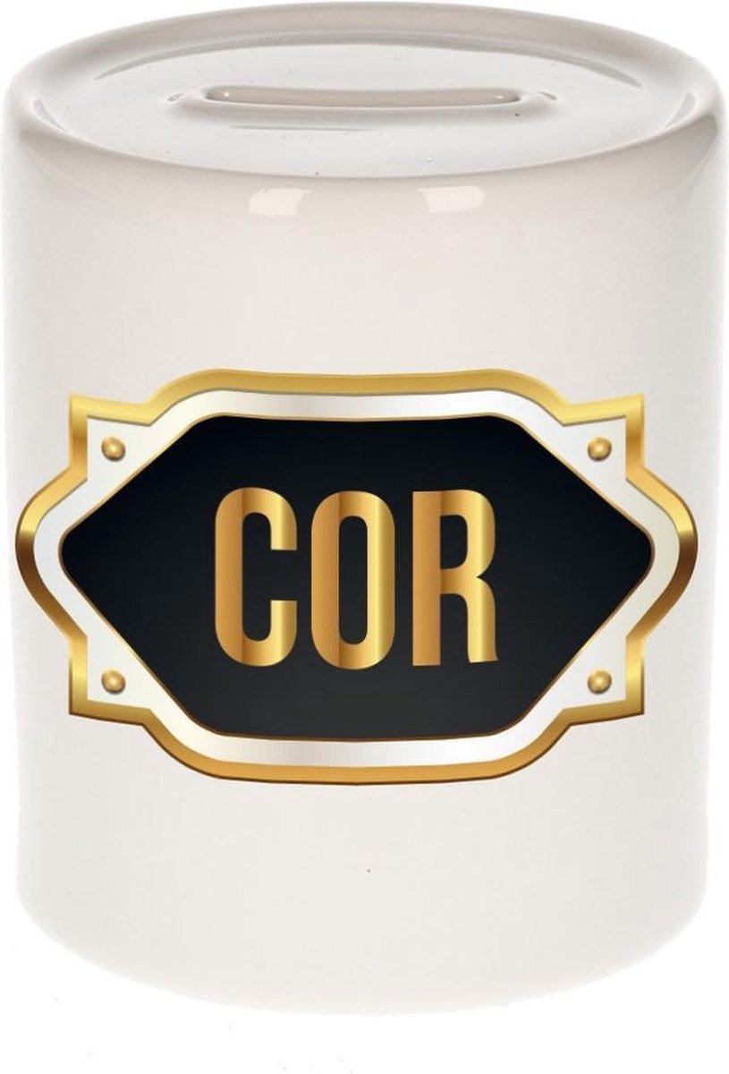 Cor naam cadeau spaarpot met gouden embleem - kado verjaardag/ vaderdag/ pensioen/ geslaagd/ bedankt