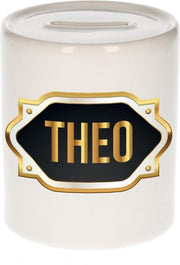Theo naam cadeau spaarpot met gouden embleem - kado verjaardag/ vaderdag/ pensioen/ geslaagd/ bedankt