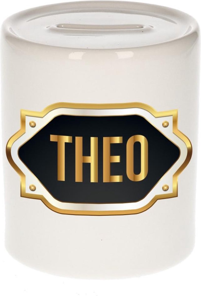 Theo naam cadeau spaarpot met gouden embleem - kado verjaardag/ vaderdag/ pensioen/ geslaagd/ bedankt