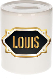 Louis naam cadeau spaarpot met gouden embleem - kado verjaardag/ vaderdag/ pensioen/ geslaagd/ bedankt