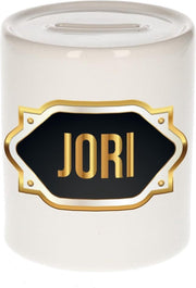 Jori naam cadeau spaarpot met gouden embleem - kado verjaardag/ vaderdag/ pensioen/ geslaagd/ bedankt