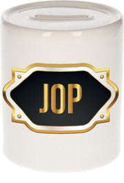 Jop naam cadeau spaarpot met gouden embleem - kado verjaardag/ vaderdag/ pensioen/ geslaagd/ bedankt
