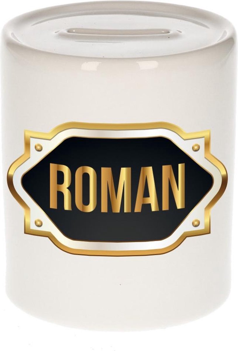 Roman naam cadeau spaarpot met gouden embleem - kado verjaardag/ vaderdag/ pensioen/ geslaagd/ bedankt