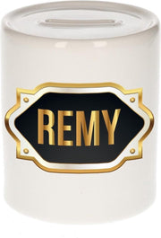 Remy naam cadeau spaarpot met gouden embleem - kado verjaardag/ vaderdag/ pensioen/ geslaagd/ bedankt
