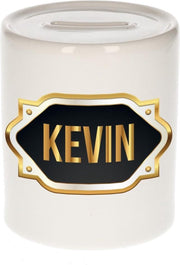 Kevin naam cadeau spaarpot met gouden embleem - kado verjaardag/ vaderdag/ pensioen/ geslaagd/ bedankt