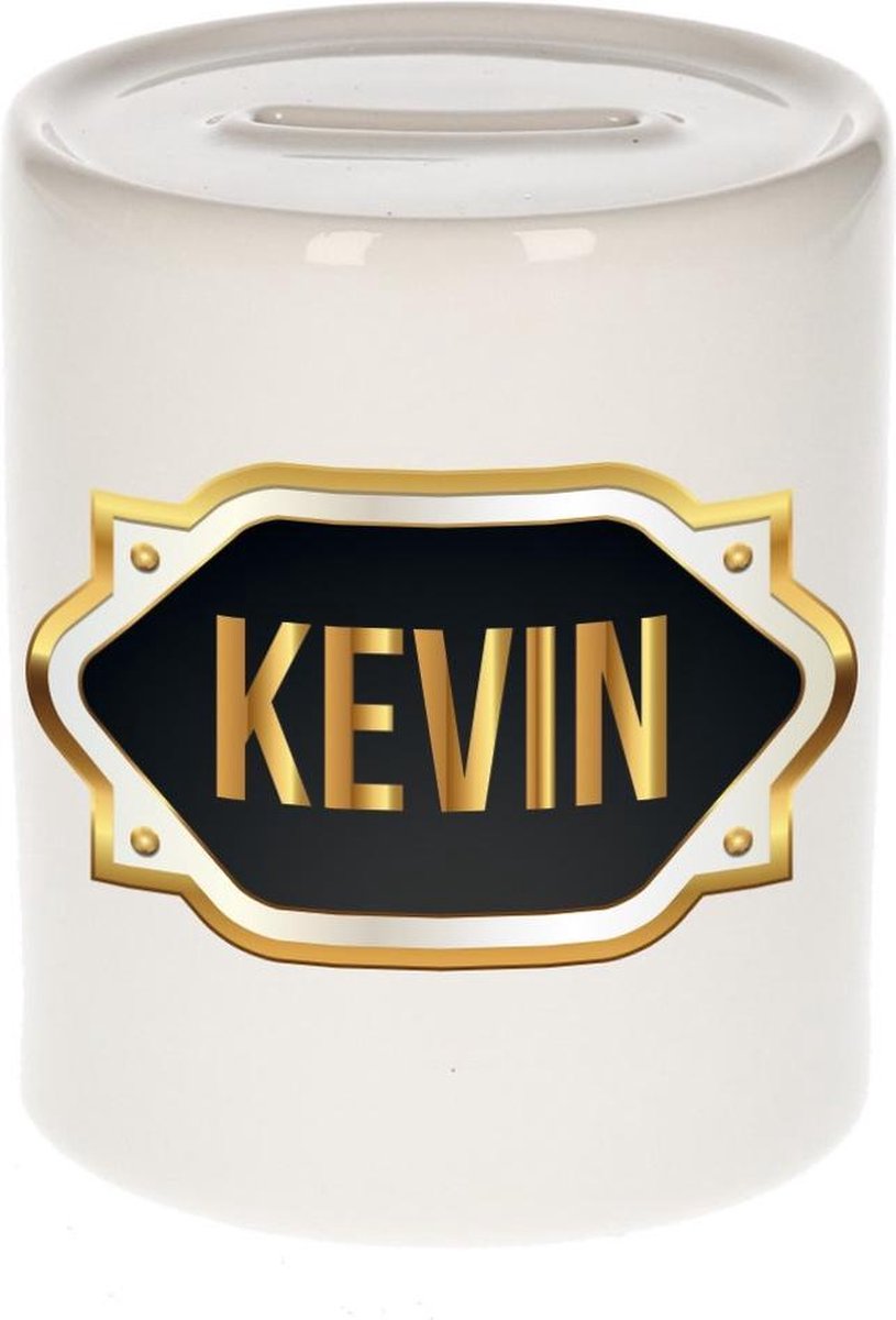 Kevin naam cadeau spaarpot met gouden embleem - kado verjaardag/ vaderdag/ pensioen/ geslaagd/ bedankt