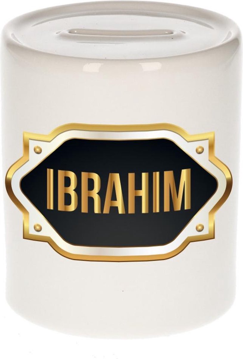 Ibrahim naam cadeau spaarpot met gouden embleem - kado verjaardag/ vaderdag/ pensioen/ geslaagd/ bedankt