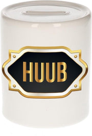 Huub naam cadeau spaarpot met gouden embleem - kado verjaardag/ vaderdag/ pensioen/ geslaagd/ bedankt