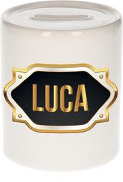 Luca naam cadeau spaarpot met gouden embleem - kado verjaardag/ vaderdag/ pensioen/ geslaagd/ bedankt