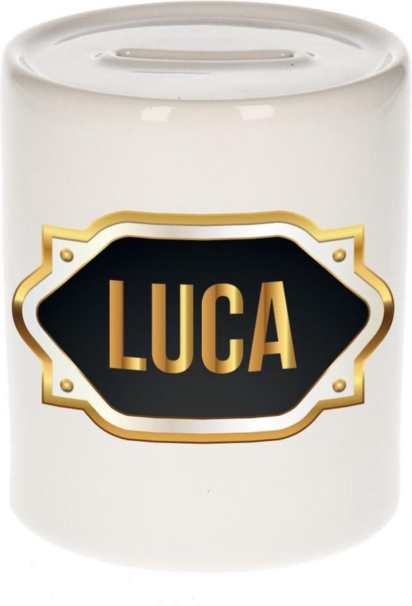 Luca naam cadeau spaarpot met gouden embleem - kado verjaardag/ vaderdag/ pensioen/ geslaagd/ bedankt