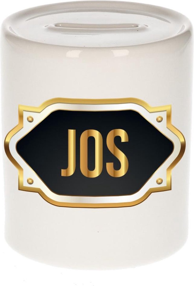 Jos naam cadeau spaarpot met gouden embleem - kado verjaardag/ vaderdag/ pensioen/ geslaagd/ bedankt