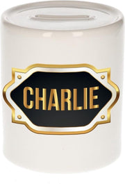 Charlie naam cadeau spaarpot met gouden embleem - kado verjaardag/ vaderdag/ pensioen/ geslaagd/ bedankt