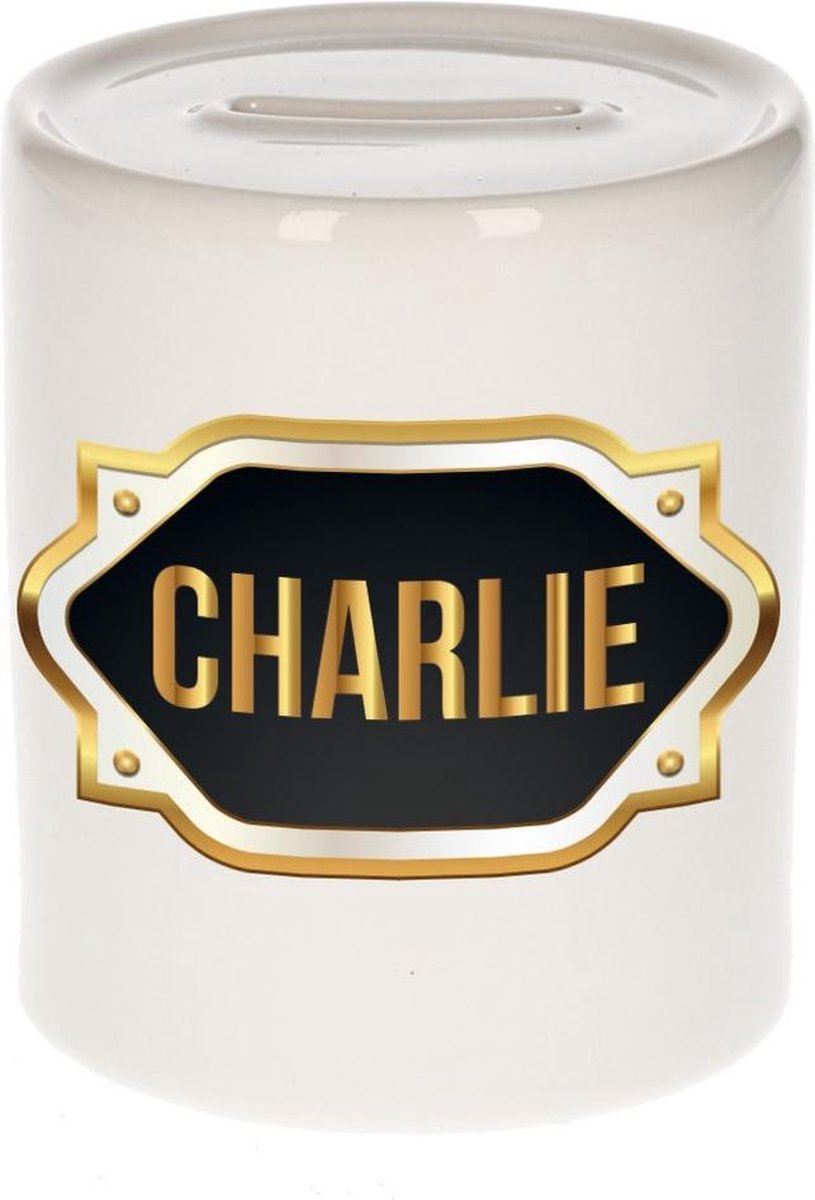 Charlie naam cadeau spaarpot met gouden embleem - kado verjaardag/ vaderdag/ pensioen/ geslaagd/ bedankt