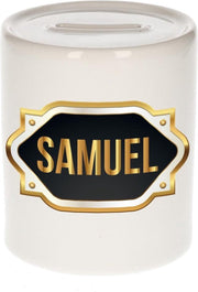 Samuel naam cadeau spaarpot met gouden embleem - kado verjaardag/ vaderdag/ pensioen/ geslaagd/ bedankt