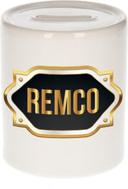 Remco naam cadeau spaarpot met gouden embleem - kado verjaardag/ vaderdag/ pensioen/ geslaagd/ bedankt