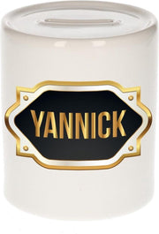 Yannick naam cadeau spaarpot met gouden embleem - kado verjaardag/ vaderdag/ pensioen/ geslaagd/ bedankt