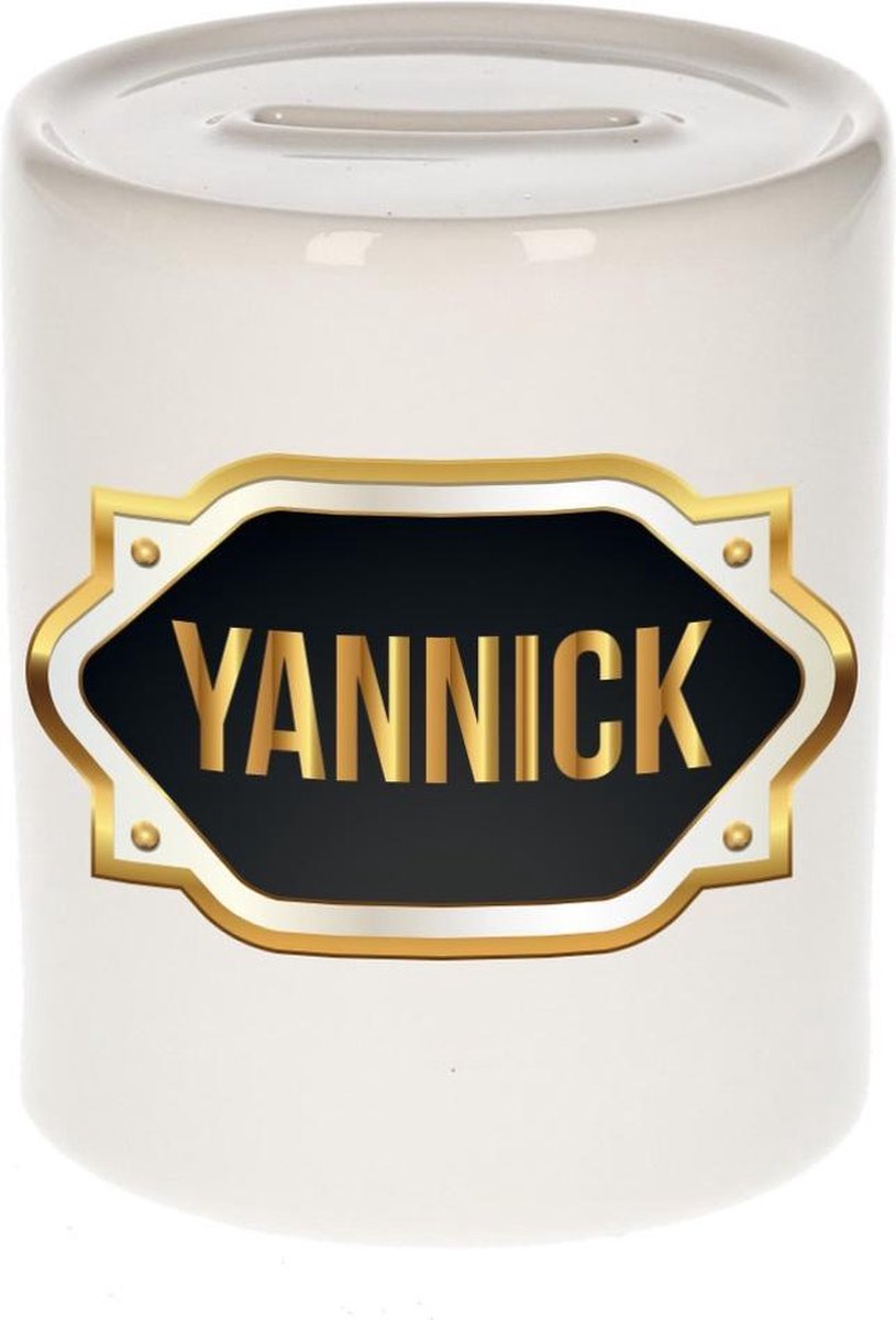 Yannick naam cadeau spaarpot met gouden embleem - kado verjaardag/ vaderdag/ pensioen/ geslaagd/ bedankt