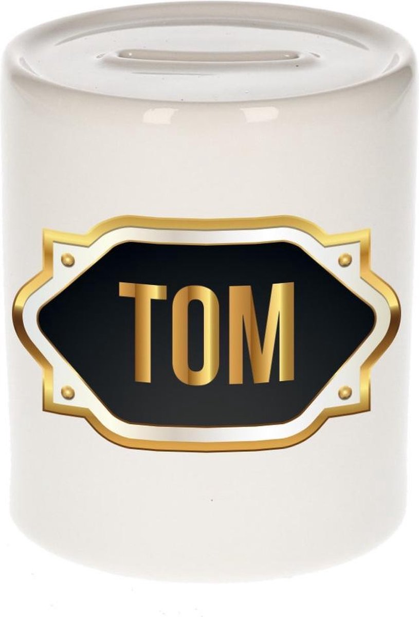 Tom naam cadeau spaarpot met gouden embleem - kado verjaardag/ vaderdag/ pensioen/ geslaagd/ bedankt
