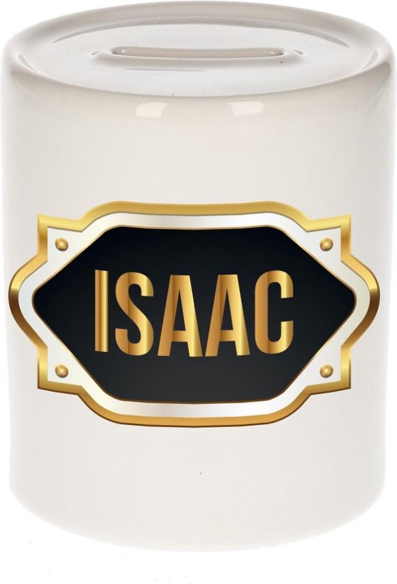 Isaac naam cadeau spaarpot met gouden embleem - kado verjaardag/ vaderdag/ pensioen/ geslaagd/ bedankt