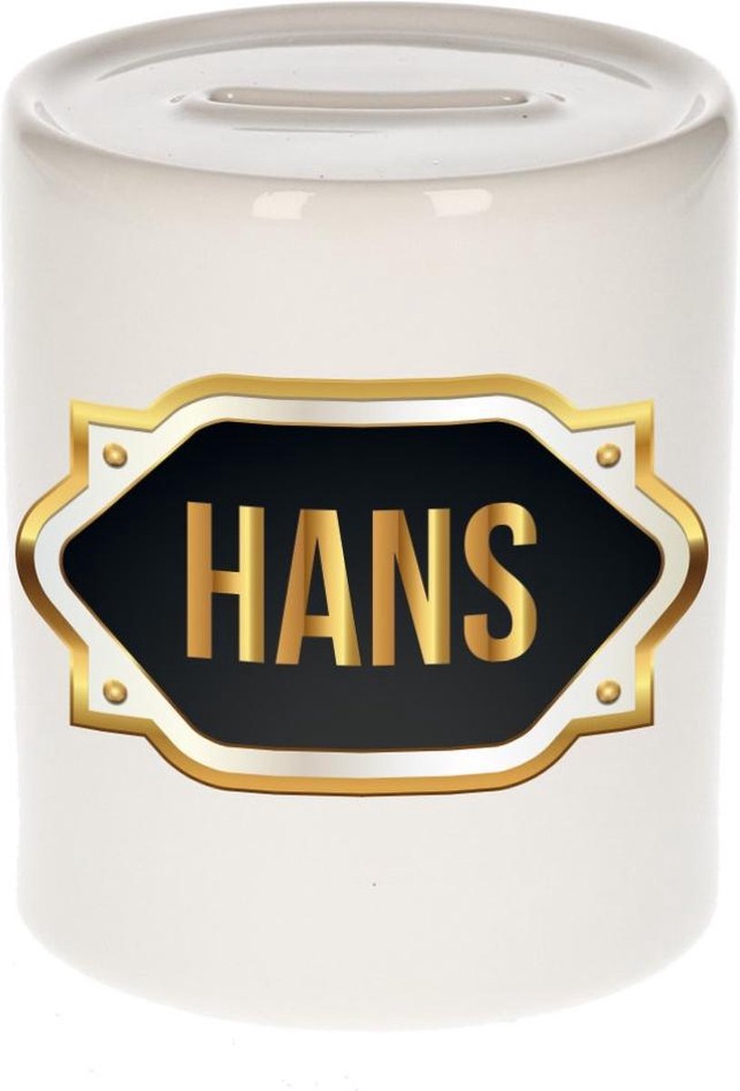 Hans naam cadeau spaarpot met gouden embleem - kado verjaardag/ vaderdag/ pensioen/ geslaagd/ bedankt