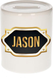 Jason naam cadeau spaarpot met gouden embleem - kado verjaardag/ vaderdag/ pensioen/ geslaagd/ bedankt