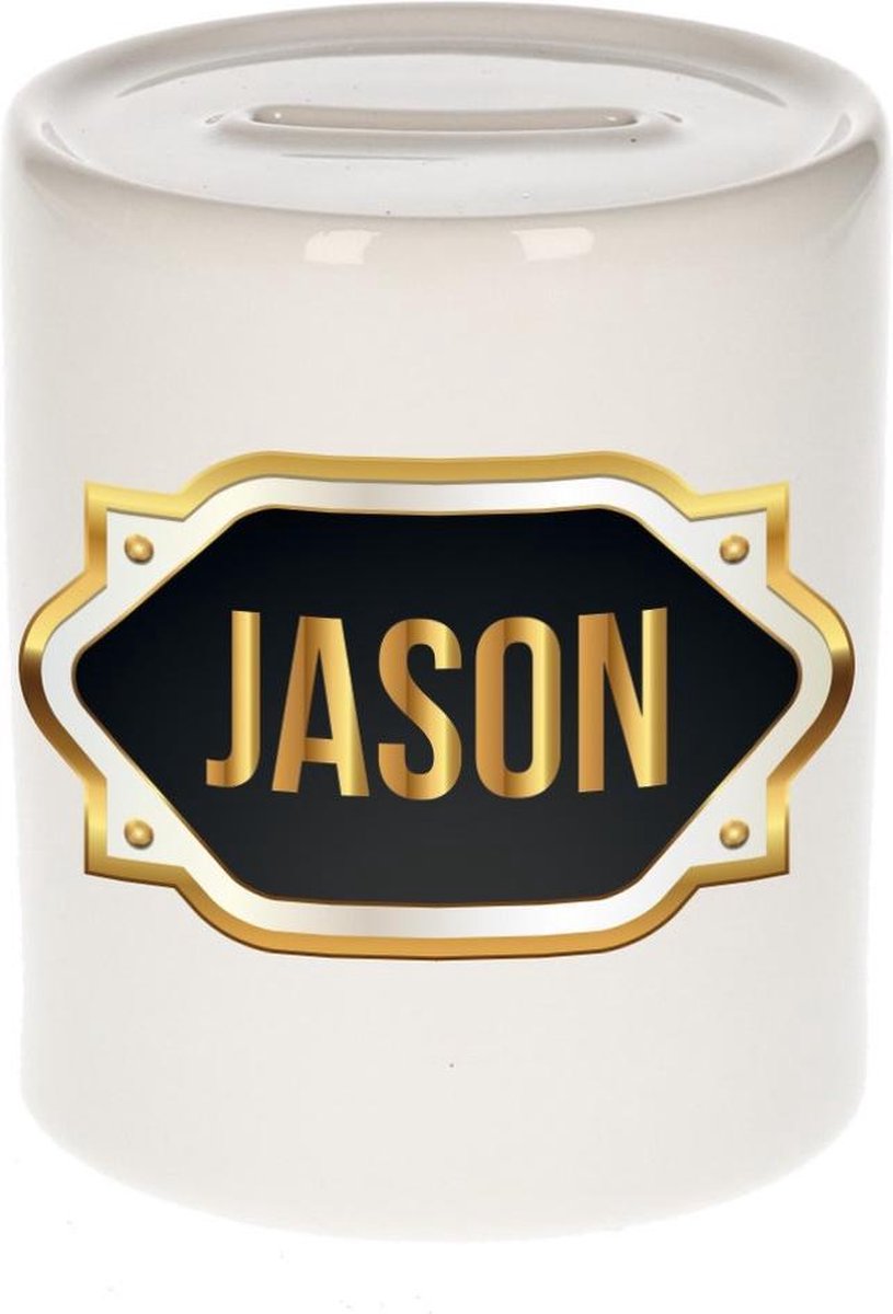 Jason naam cadeau spaarpot met gouden embleem - kado verjaardag/ vaderdag/ pensioen/ geslaagd/ bedankt