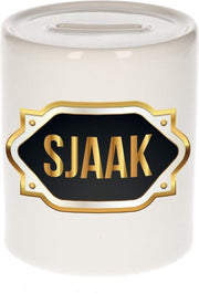Sjaak naam cadeau spaarpot met gouden embleem - kado verjaardag/ vaderdag/ pensioen/ geslaagd/ bedankt